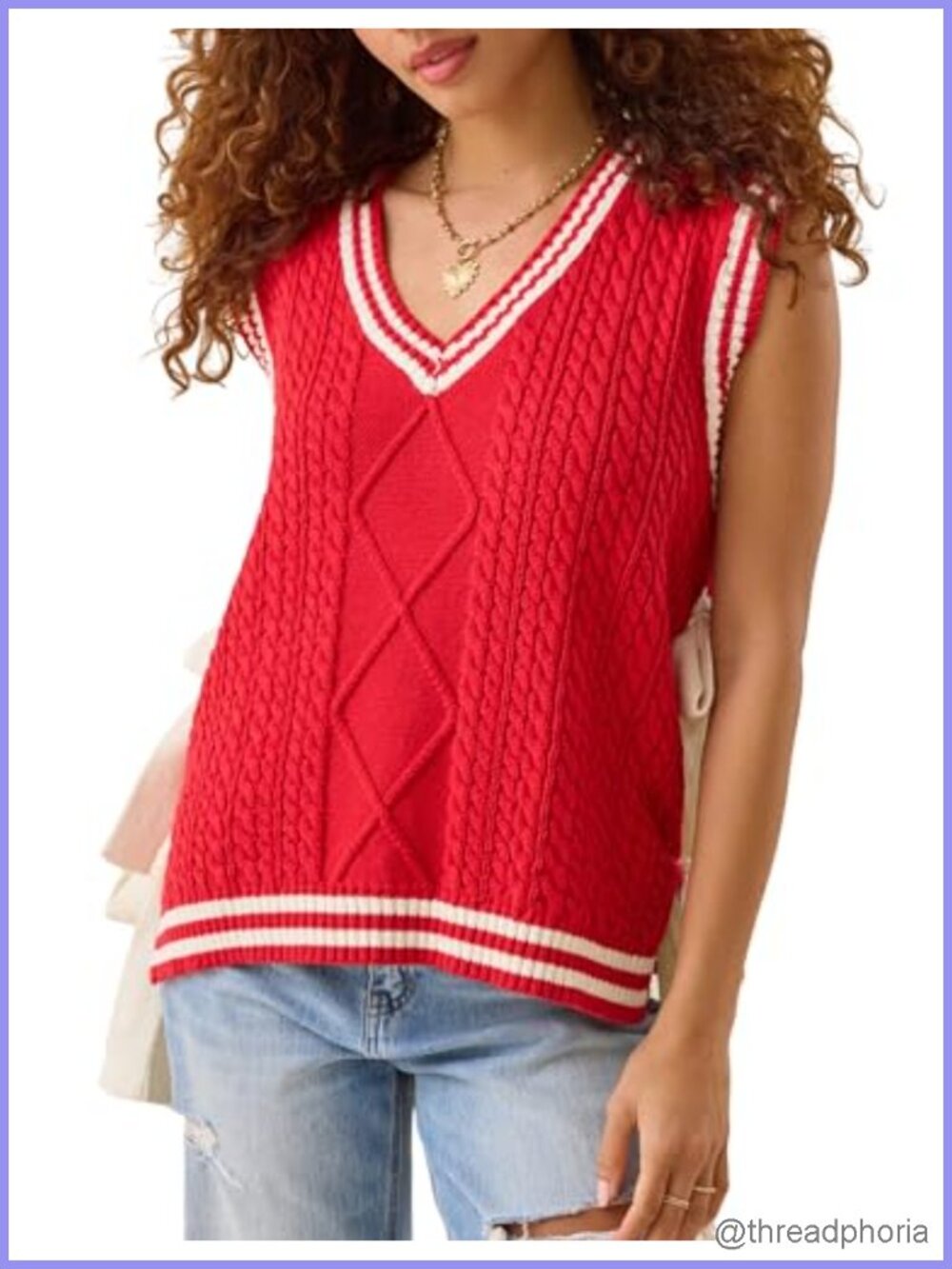 Women's Striped Cable Knit Sweater Vest V Neck Sleeveless with Side Bow Ties